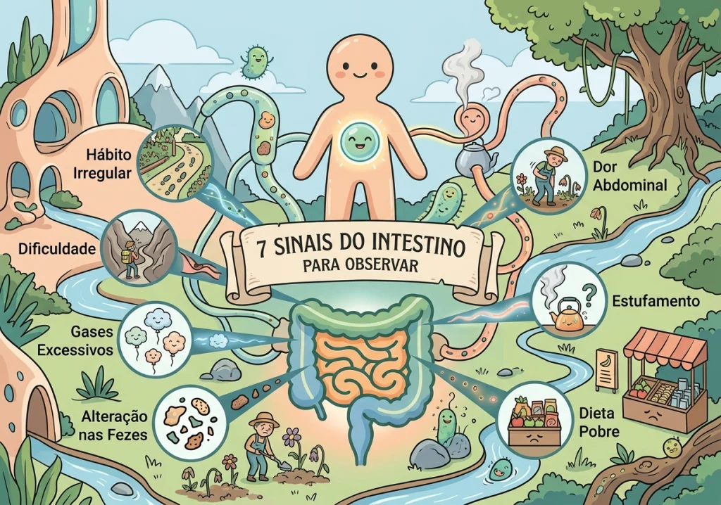 Gases e distensão abdominal São sinais de problemas intestinais.